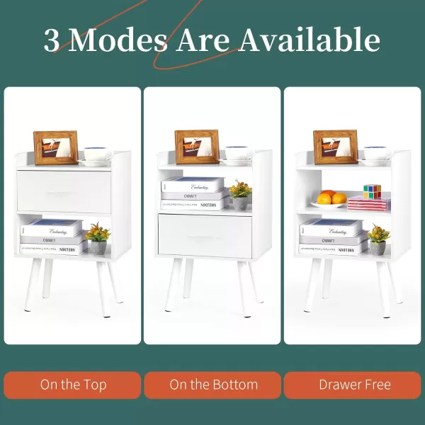 Yoobure Night Stand with Drawer Modern Nightstand Bedside Tables Mid Century Nightstands with Open Storage Shelf Wood Bedside Table Small Night Stands for Bedrooms 2Tier Night TableWhite