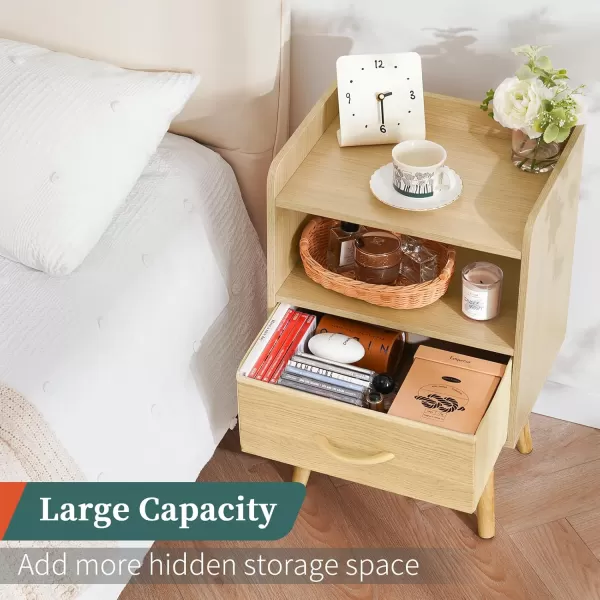 Yoobure Night Stand with Drawer Modern Nightstand Bedside Tables Mid Century Nightstands with Open Storage Shelf Wood Bedside Table Small Night Stands for Bedrooms 2Tier Night TableNatural