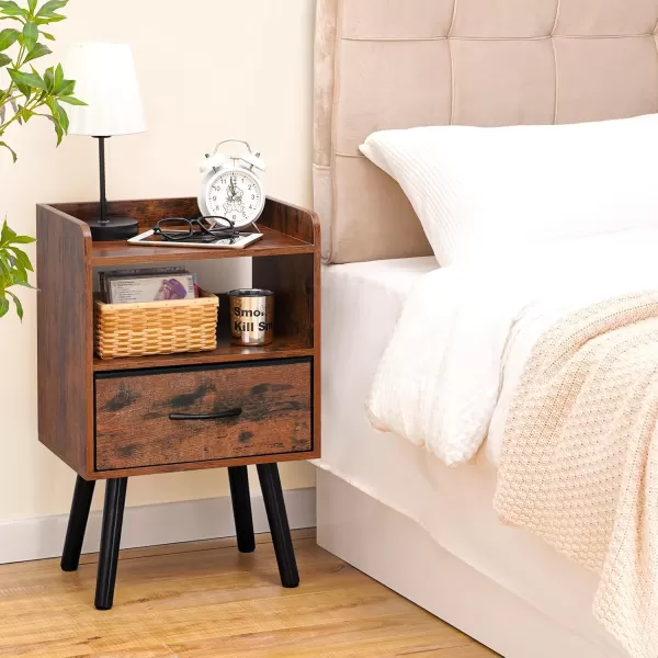 Yoobure Night Stand with Drawer Modern Nightstand Bedside Tables Mid Century Nightstands with Open Storage Shelf Wood Bedside Table Small Night Stands for Bedrooms 2Tier Night TableBerry Brown
