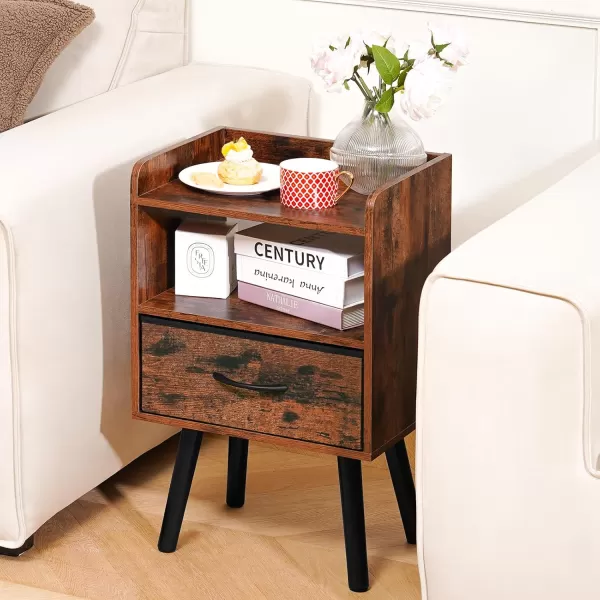 Yoobure Night Stand with Drawer Modern Nightstand Bedside Tables Mid Century Nightstands with Open Storage Shelf Wood Bedside Table Small Night Stands for Bedrooms 2Tier Night TableBerry Brown