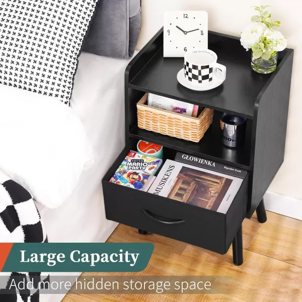 Yoobure Night Stand with Drawer Modern Nightstand Bedside Tables Mid Century Nightstands with Open Storage Shelf Wood Bedside Table Small Night Stands for Bedrooms 2Tier Night TableBlack