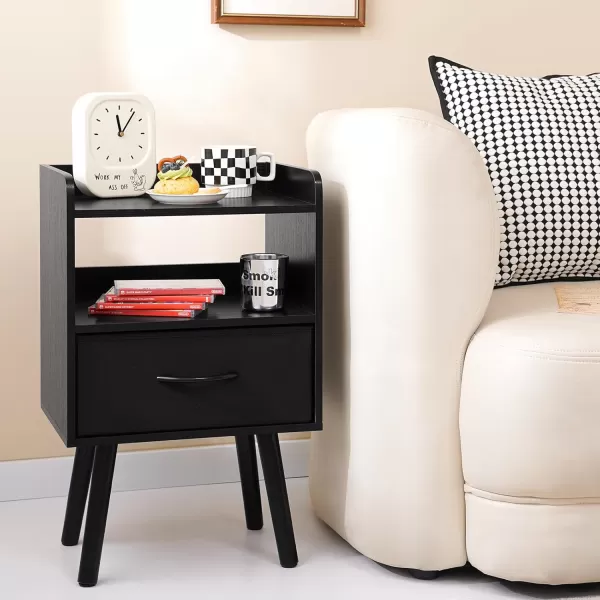Yoobure Night Stand with Drawer Modern Nightstand Bedside Tables Mid Century Nightstands with Open Storage Shelf Wood Bedside Table Small Night Stands for Bedrooms 2Tier Night TableBlack