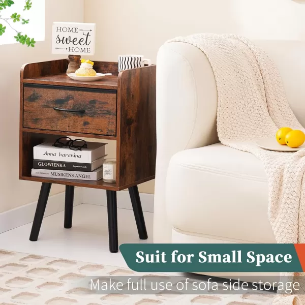 Yoobure Night Stand with Drawer Modern Nightstand Bedside Tables Mid Century Nightstands with Open Storage Shelf Wood Bedside Table Small Night Stands for Bedrooms 2Tier Night TableBerry Brown