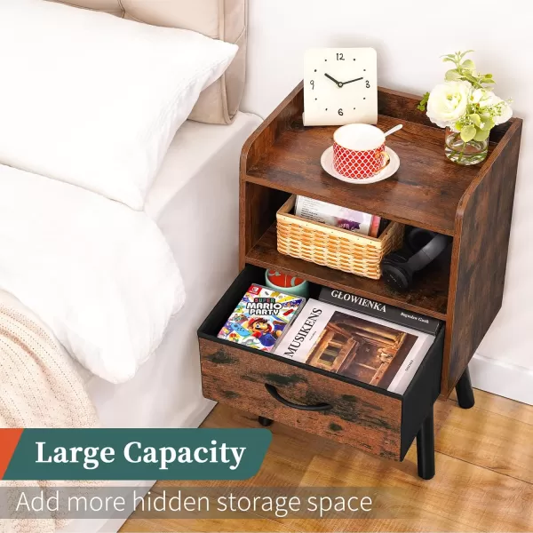 Yoobure Night Stand with Drawer Modern Nightstand Bedside Tables Mid Century Nightstands with Open Storage Shelf Wood Bedside Table Small Night Stands for Bedrooms 2Tier Night TableBerry Brown