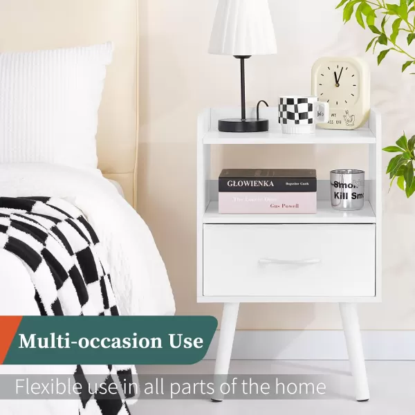Yoobure Night Stand with Drawer Modern Nightstand Bedside Tables Mid Century Nightstands with Open Storage Shelf Wood Bedside Table Small Night Stands for Bedrooms 2Tier Night TableWhite