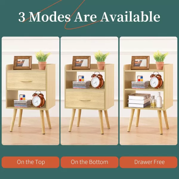 Yoobure Night Stand with Drawer Modern Nightstand Bedside Tables Mid Century Nightstands with Open Storage Shelf Wood Bedside Table Small Night Stands for Bedrooms 2Tier Night TableNatural
