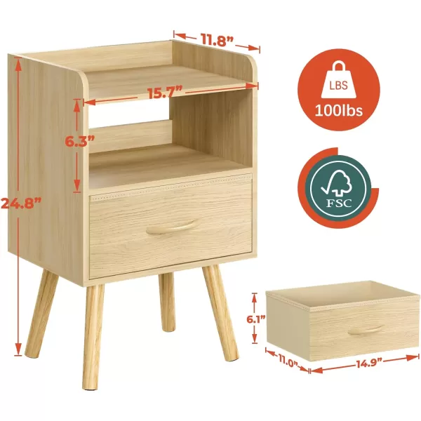 Yoobure Night Stand with Drawer Modern Nightstand Bedside Tables Mid Century Nightstands with Open Storage Shelf Wood Bedside Table Small Night Stands for Bedrooms 2Tier Night TableNatural