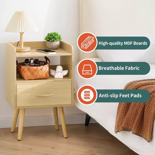 Yoobure Night Stand with Drawer Modern Nightstand Bedside Tables Mid Century Nightstands with Open Storage Shelf Wood Bedside Table Small Night Stands for Bedrooms 2Tier Night TableNatural