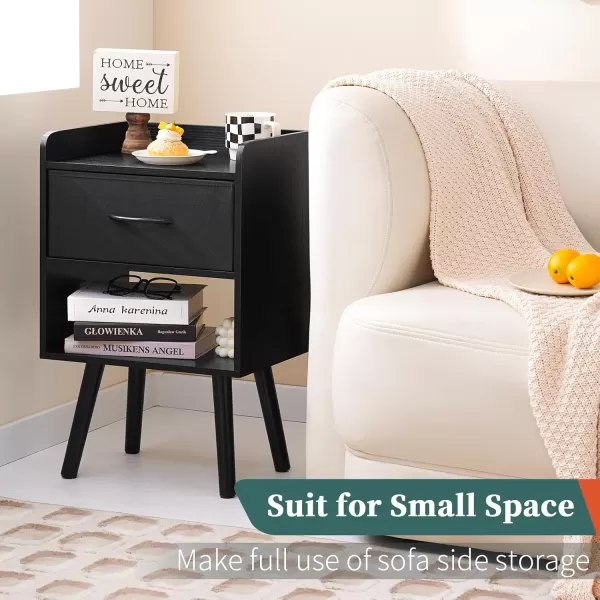 Yoobure Night Stand with Drawer Modern Nightstand Bedside Tables Mid Century Nightstands with Open Storage Shelf Wood Bedside Table Small Night Stands for Bedrooms 2Tier Night TableBlack