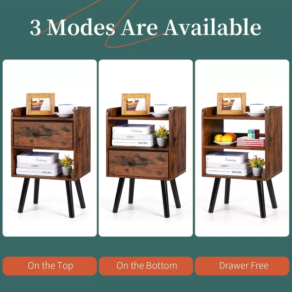 Yoobure Night Stand with Drawer Modern Nightstand Bedside Tables Mid Century Nightstands with Open Storage Shelf Wood Bedside Table Small Night Stands for Bedrooms 2Tier Night TableBerry Brown