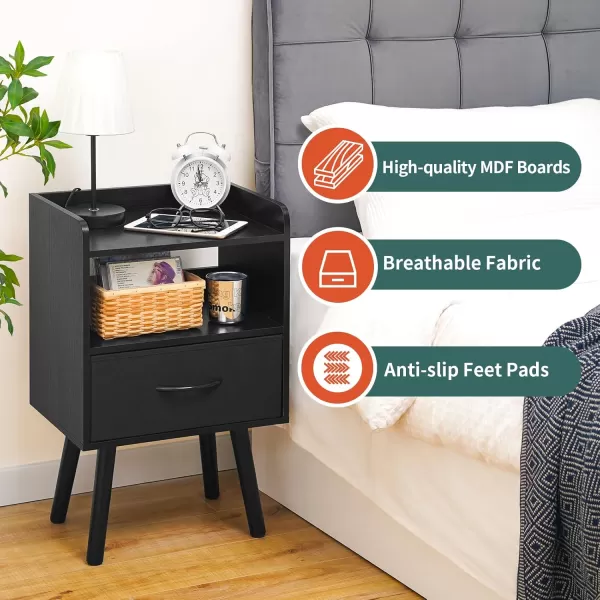 Yoobure Night Stand with Drawer Modern Nightstand Bedside Tables Mid Century Nightstands with Open Storage Shelf Wood Bedside Table Small Night Stands for Bedrooms 2Tier Night TableBlack