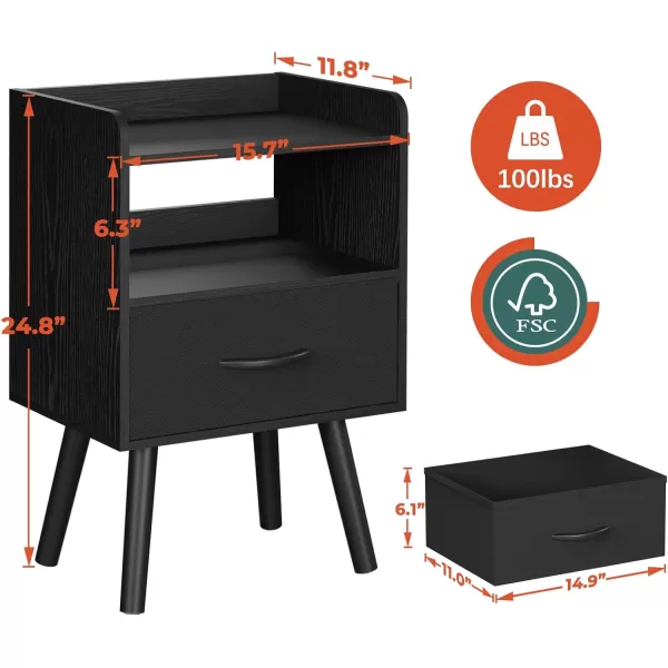 Yoobure Night Stand with Drawer Modern Nightstand Bedside Tables Mid Century Nightstands with Open Storage Shelf Wood Bedside Table Small Night Stands for Bedrooms 2Tier Night TableBlack
