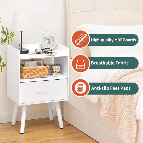 Yoobure Night Stand with Drawer Modern Nightstand Bedside Tables Mid Century Nightstands with Open Storage Shelf Wood Bedside Table Small Night Stands for Bedrooms 2Tier Night TableWhite