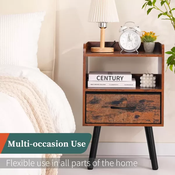 Yoobure Night Stand with Drawer Modern Nightstand Bedside Tables Mid Century Nightstands with Open Storage Shelf Wood Bedside Table Small Night Stands for Bedrooms 2Tier Night TableBerry Brown
