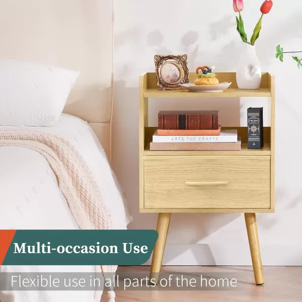 Yoobure Night Stand with Drawer Modern Nightstand Bedside Tables Mid Century Nightstands with Open Storage Shelf Wood Bedside Table Small Night Stands for Bedrooms 2Tier Night TableNatural
