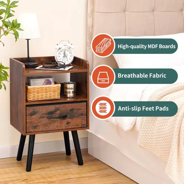 Yoobure Night Stand with Drawer Modern Nightstand Bedside Tables Mid Century Nightstands with Open Storage Shelf Wood Bedside Table Small Night Stands for Bedrooms 2Tier Night TableBerry Brown