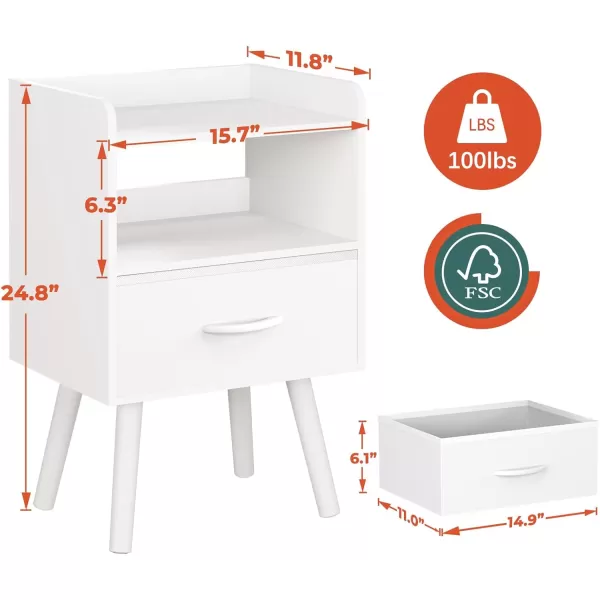 Yoobure Night Stand with Drawer Modern Nightstand Bedside Tables Mid Century Nightstands with Open Storage Shelf Wood Bedside Table Small Night Stands for Bedrooms 2Tier Night TableWhite
