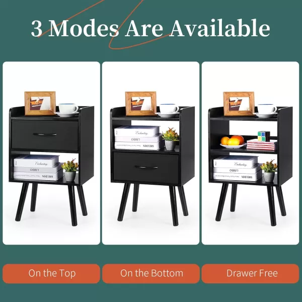 Yoobure Night Stand with Drawer Modern Nightstand Bedside Tables Mid Century Nightstands with Open Storage Shelf Wood Bedside Table Small Night Stands for Bedrooms 2Tier Night TableBlack