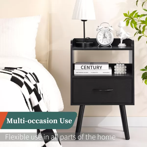 Yoobure Night Stand with Drawer Modern Nightstand Bedside Tables Mid Century Nightstands with Open Storage Shelf Wood Bedside Table Small Night Stands for Bedrooms 2Tier Night TableBlack