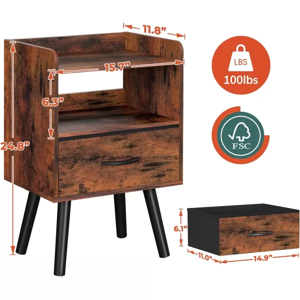 Yoobure Night Stand with Drawer Modern Nightstand Bedside Tables Mid Century Nightstands with Open Storage Shelf Wood Bedside Table Small Night Stands for Bedrooms 2Tier Night TableBerry Brown