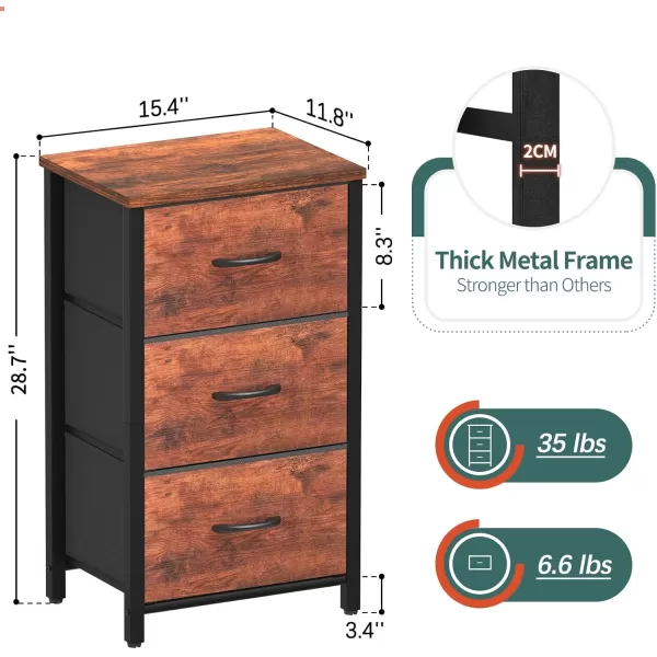 Yoobure Nightstand with 3 Fabric Drawers Storage Drawers Small Dresser for Bedroom Night Stands Bedside Tables Closet Drawers Dressers ampamp Chests Organizer Unit Fabric Dresser for Hallway College DormBerry Brown