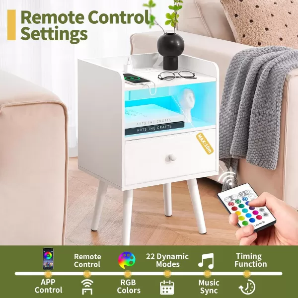 Yoobure Nightstand with Charging Station Modern Night Stand with LED Lights Wood Nightstands with Fabric Drawer ampamp Storage Shelf Night Stands Bedside Table with USB Ports for Bedroom Office HomeWhite