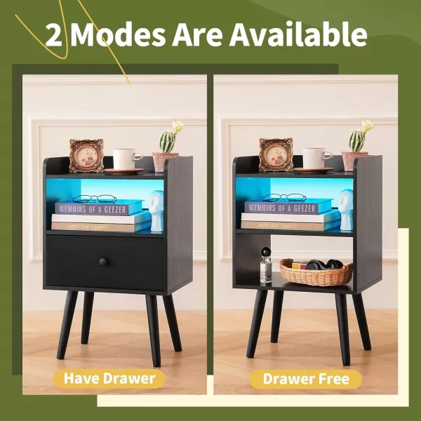 Yoobure Nightstand with Charging Station Modern Night Stand with LED Lights Wood Nightstands with Fabric Drawer ampamp Storage Shelf Night Stands Bedside Table with USB Ports for Bedroom Office HomeBlack