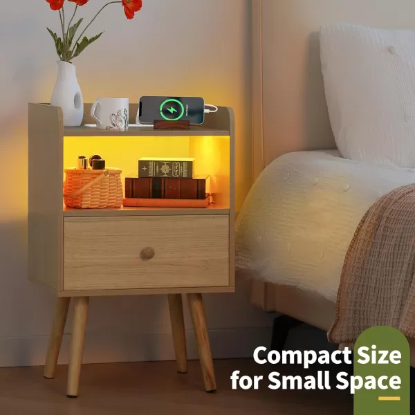 Yoobure Nightstand with Charging Station Modern Night Stand with LED Lights Wood Nightstands with Fabric Drawer ampamp Storage Shelf Night Stands Bedside Table with USB Ports for Bedroom Office HomeNatural