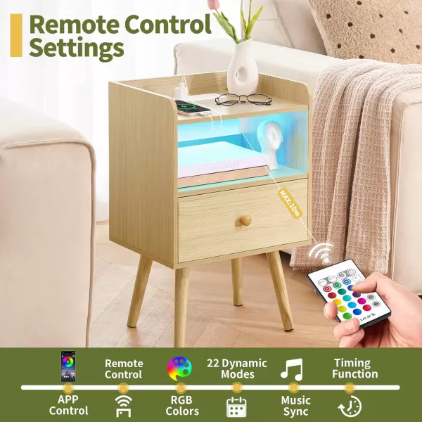 Yoobure Nightstand with Charging Station Modern Night Stand with LED Lights Wood Nightstands with Fabric Drawer ampamp Storage Shelf Night Stands Bedside Table with USB Ports for Bedroom Office HomeNatural