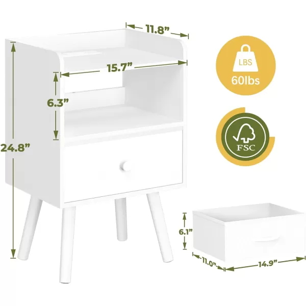 Yoobure Nightstand with Charging Station Modern Night Stand with LED Lights Wood Nightstands with Fabric Drawer ampamp Storage Shelf Night Stands Bedside Table with USB Ports for Bedroom Office HomeWhite