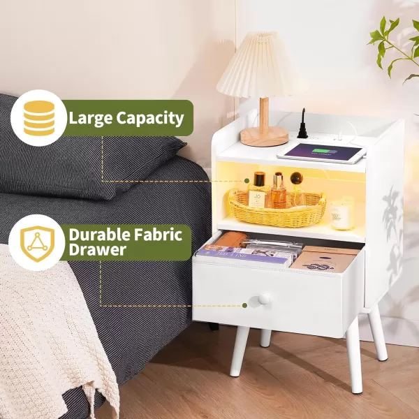 Yoobure Nightstand with Charging Station Modern Night Stand with LED Lights Wood Nightstands with Fabric Drawer ampamp Storage Shelf Night Stands Bedside Table with USB Ports for Bedroom Office HomeWhite