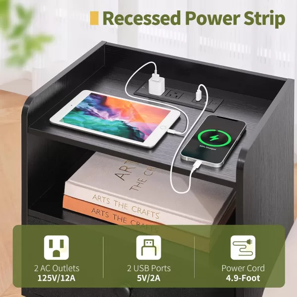Yoobure Nightstand with Charging Station Modern Night Stand with LED Lights Wood Nightstands with Fabric Drawer ampamp Storage Shelf Night Stands Bedside Table with USB Ports for Bedroom Office HomeBlack