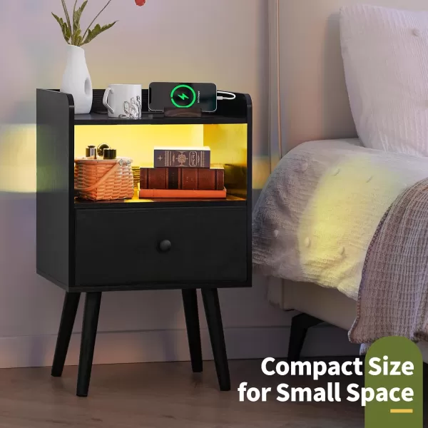 Yoobure Nightstand with Charging Station Modern Night Stand with LED Lights Wood Nightstands with Fabric Drawer ampamp Storage Shelf Night Stands Bedside Table with USB Ports for Bedroom Office HomeBlack