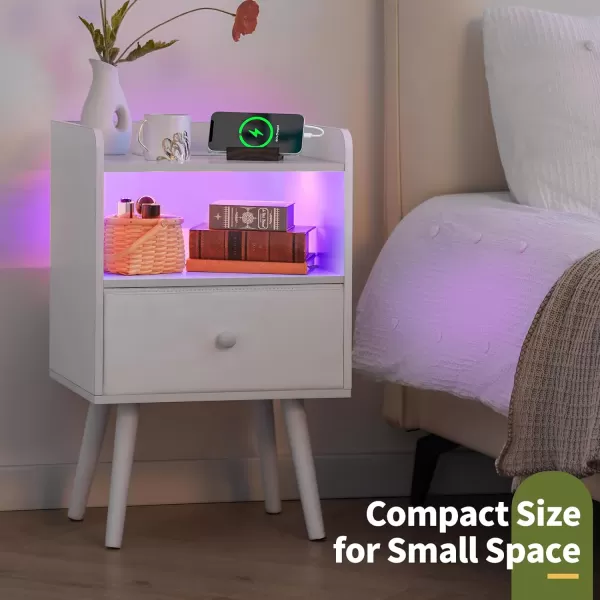 Yoobure Nightstand with Charging Station Modern Night Stand with LED Lights Wood Nightstands with Fabric Drawer ampamp Storage Shelf Night Stands Bedside Table with USB Ports for Bedroom Office HomeWhite
