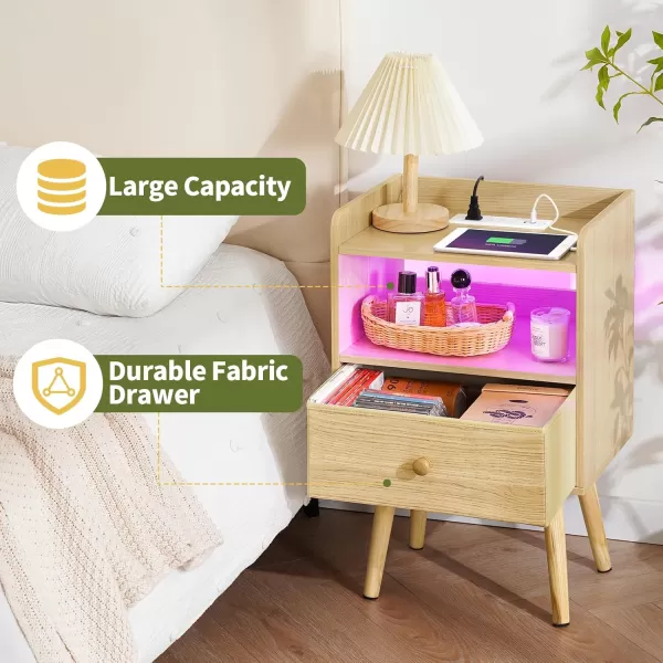 Yoobure Nightstand with Charging Station Modern Night Stand with LED Lights Wood Nightstands with Fabric Drawer ampamp Storage Shelf Night Stands Bedside Table with USB Ports for Bedroom Office HomeNatural