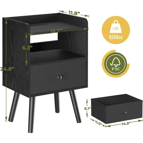 Yoobure Nightstand with Charging Station Modern Night Stand with LED Lights Wood Nightstands with Fabric Drawer ampamp Storage Shelf Night Stands Bedside Table with USB Ports for Bedroom Office HomeBlack