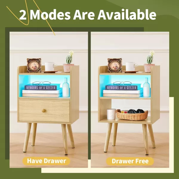 Yoobure Nightstand with Charging Station Modern Night Stand with LED Lights Wood Nightstands with Fabric Drawer ampamp Storage Shelf Night Stands Bedside Table with USB Ports for Bedroom Office HomeNatural