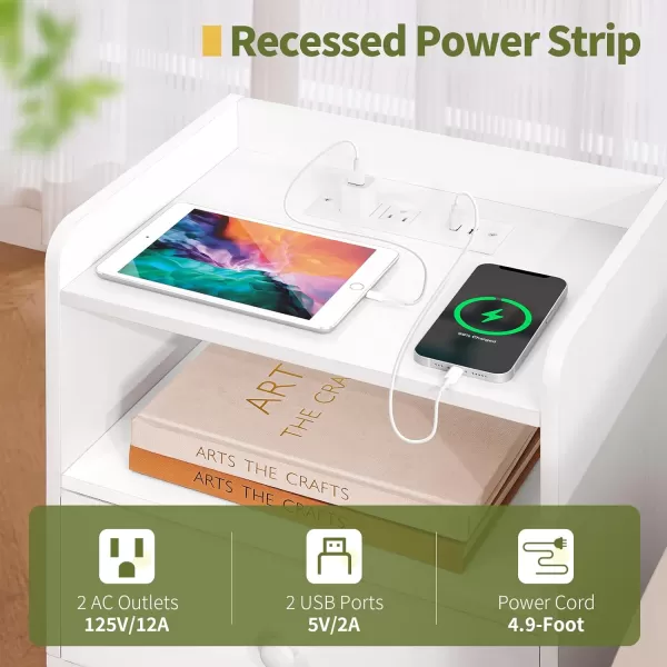 Yoobure Nightstand with Charging Station Modern Night Stand with LED Lights Wood Nightstands with Fabric Drawer ampamp Storage Shelf Night Stands Bedside Table with USB Ports for Bedroom Office HomeWhite