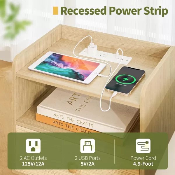 Yoobure Nightstand with Charging Station Modern Night Stand with LED Lights Wood Nightstands with Fabric Drawer ampamp Storage Shelf Night Stands Bedside Table with USB Ports for Bedroom Office HomeNatural