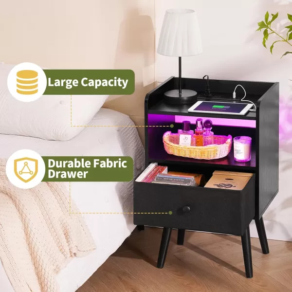 Yoobure Nightstand with Charging Station Modern Night Stand with LED Lights Wood Nightstands with Fabric Drawer ampamp Storage Shelf Night Stands Bedside Table with USB Ports for Bedroom Office HomeBlack