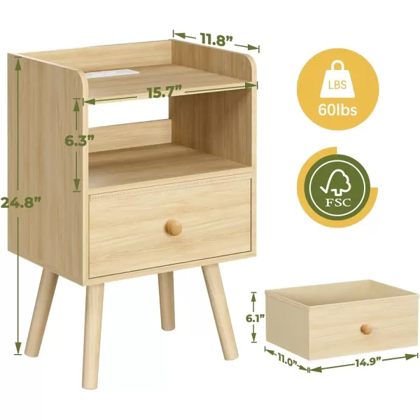 Yoobure Nightstand with Charging Station Modern Night Stand with LED Lights Wood Nightstands with Fabric Drawer ampamp Storage Shelf Night Stands Bedside Table with USB Ports for Bedroom Office HomeNatural