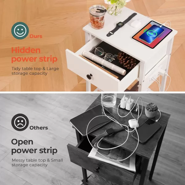 Yoobure Nightstand with Charging Station Side Table End Table with Large Drawer and Storage Shelf Bed Side TableNight Stand with USB Ports ampamp Outlets Rustic Bedside Tables for Bedroom Living RoomWhite