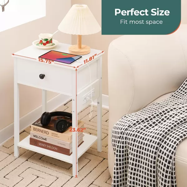 Yoobure Nightstand with Charging Station Side Table End Table with Large Drawer and Storage Shelf Bed Side TableNight Stand with USB Ports ampamp Outlets Rustic Bedside Tables for Bedroom Living RoomWhite