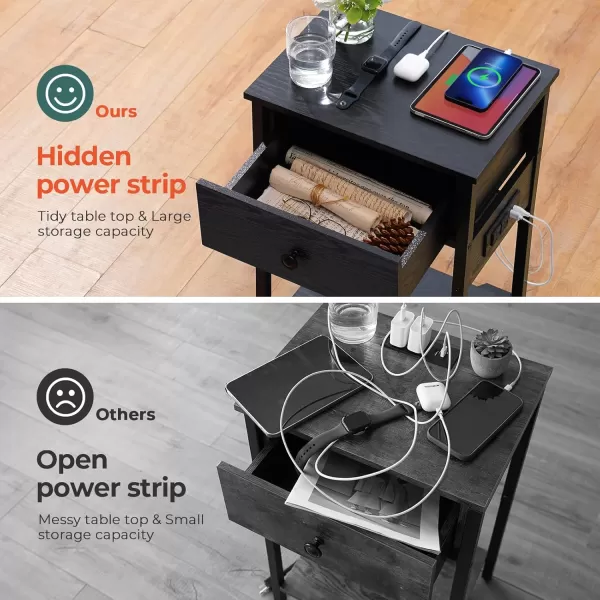 Yoobure Nightstand with Charging Station Side Table End Table with Large Drawer and Storage Shelf Bed Side TableNight Stand with USB Ports ampamp Outlets Rustic Bedside Tables for Bedroom Living RoomBlack