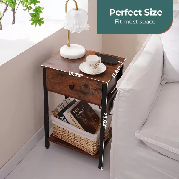 Yoobure Nightstand with Charging Station Side Table End Table with Large Drawer and Storage Shelf Bed Side TableNight Stand with USB Ports ampamp Outlets Rustic Bedside Tables for Bedroom Living RoomBrown