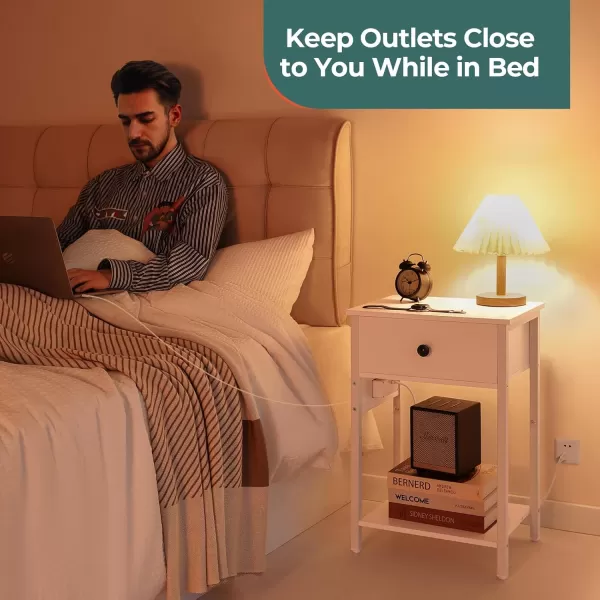 Yoobure Nightstand with Charging Station Side Table End Table with Large Drawer and Storage Shelf Bed Side TableNight Stand with USB Ports ampamp Outlets Rustic Bedside Tables for Bedroom Living RoomWhite