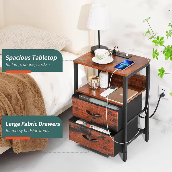 Yoobure Nightstand with Charging Station Small Night Stand with Fabric Drawers and Storage Shelf for Bedrooms Nightstands for Small Spaces Bedside Table with USB Ports ampamp Outlets Bed Side TableBerry Brown