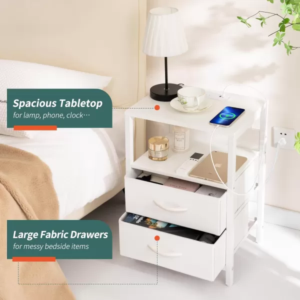 Yoobure Nightstand with Charging Station Small Night Stand with Fabric Drawers and Storage Shelf for Bedrooms Nightstands for Small Spaces Bedside Table with USB Ports ampamp Outlets Bed Side TableWhite