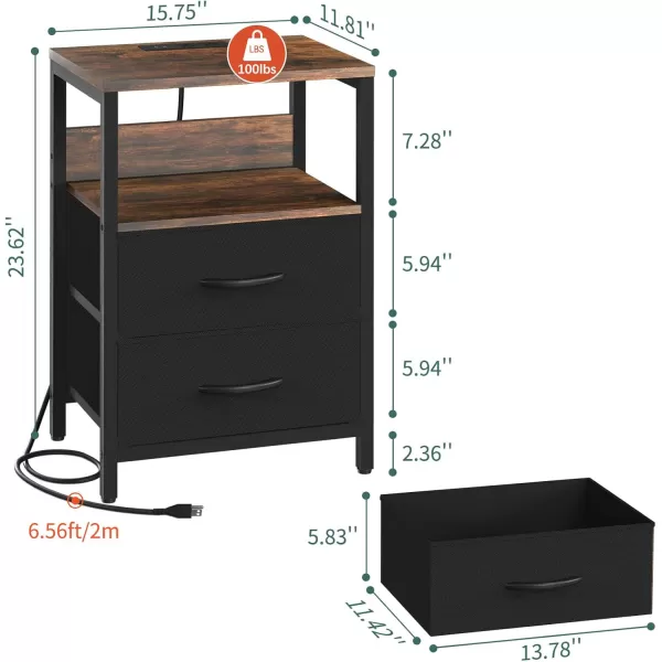 Yoobure Nightstand with Charging Station Small Night Stand with Fabric Drawers and Storage Shelf for Bedrooms Nightstands for Small Spaces Bedside Table with USB Ports ampamp Outlets Bed Side TableVintage BrownBlack