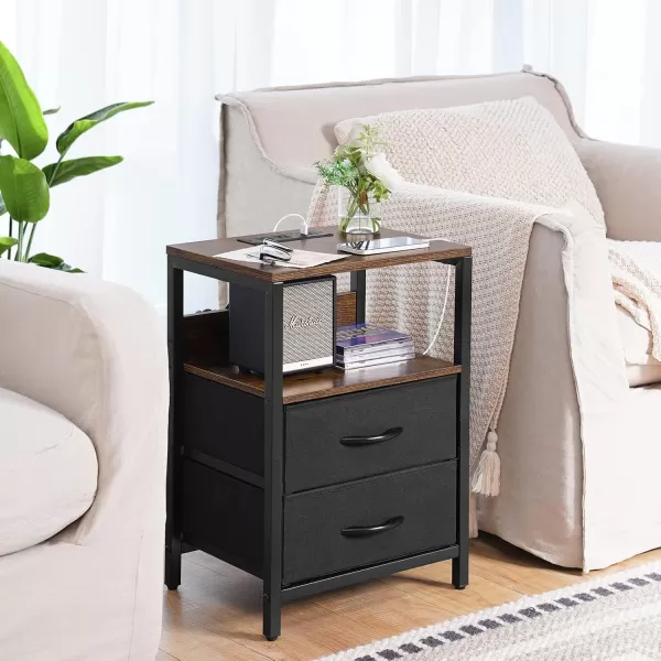 Yoobure Nightstand with Charging Station Small Night Stand with Fabric Drawers and Storage Shelf for Bedrooms Nightstands for Small Spaces Bedside Table with USB Ports ampamp Outlets Bed Side TableVintage BrownBlack